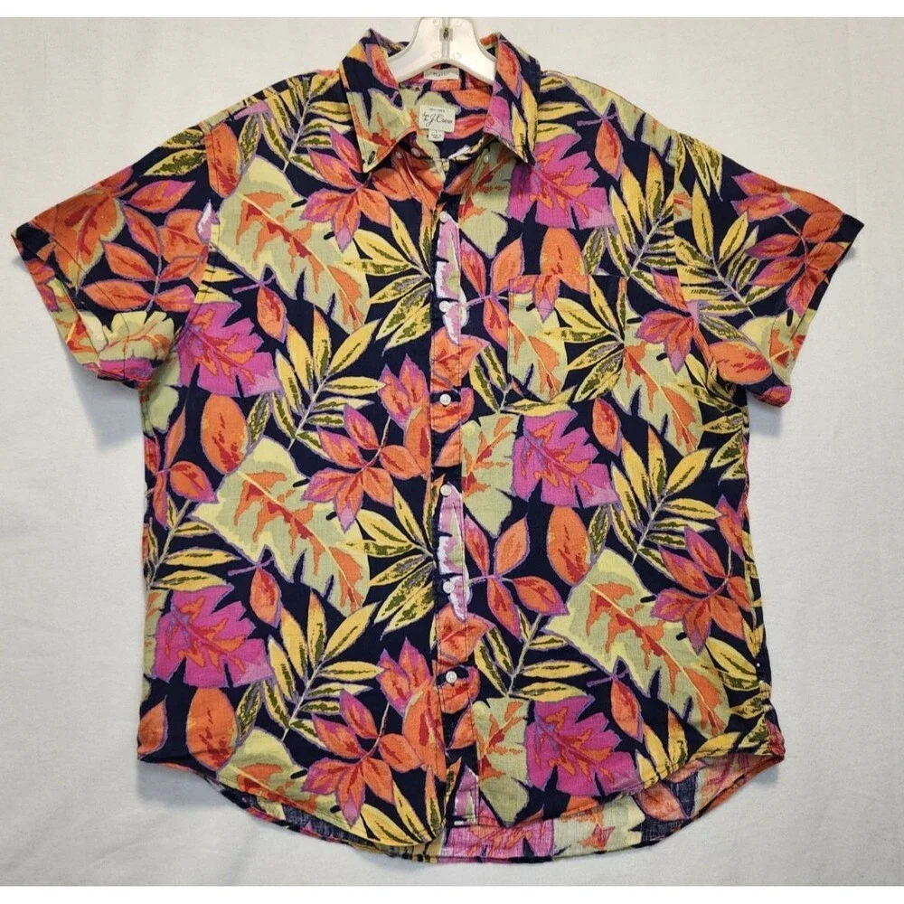 J. Crew Mens Large Linen Tropical Leaf Short Sleeve Button Down Shirt Hawaiian